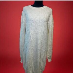 Solid Round Crew Neck Ivory Long Sleeve Sweater Dress. Elegant Winter dress